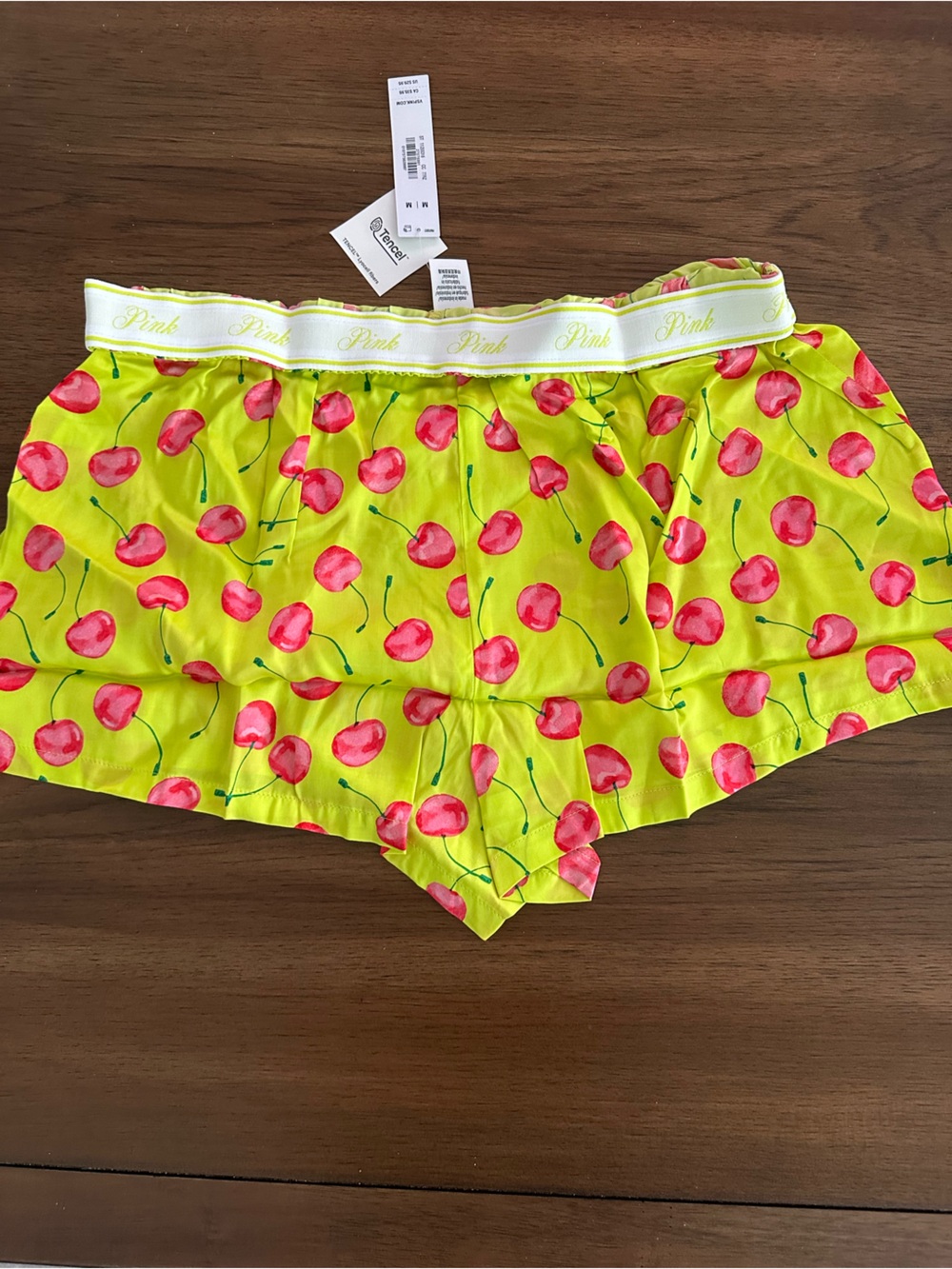 PINK Victoria's Secret Light Green/Lime Cherry-Print Silky Boxy Sleep Shorts - Picture 4 of 5